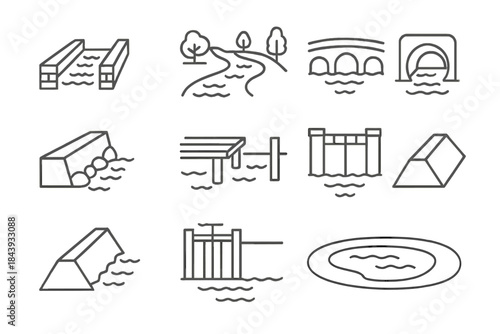Urban Waterway Icons. Line style icons of urban waterways: canal, riverbank, bridge, culvert; channel wall, dock, lock gate, levee