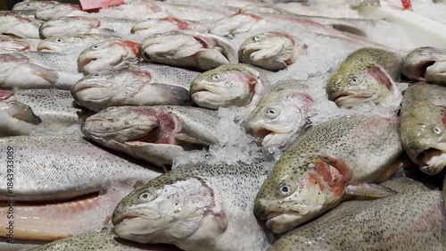 Fresh trout on crushed ice on a store counter, moving to the side. Close up