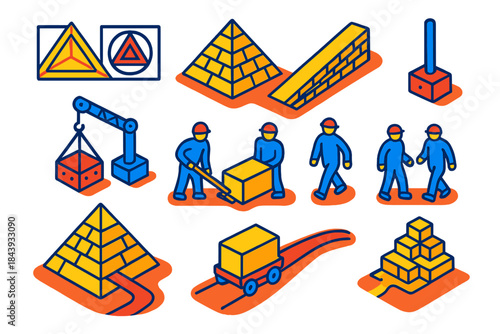 Geotechnical Pyramid Engineering. Isometric vector illustration set Geotechnical engineering of pyramids: pyramid layout plans,