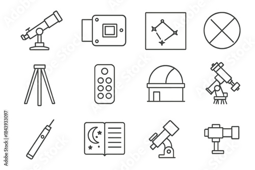 Scientific Observation Icons. Line style icons of scientific observation: telescope mount, CCD camera, star chart, lens cap;