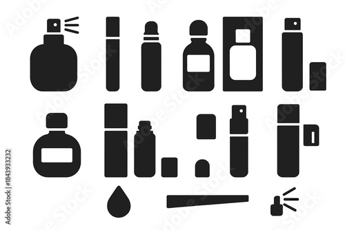 Modern Perfumery Icons. Solid style icons of Modern perfumery: sleek spray bottle, sample vial, rollerball tube, minimal label,