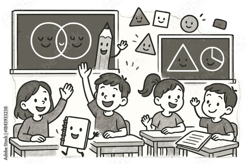 Joyful Learning Environment. Friendly doodle logical reasoning classroom with happy students, smiling diagrams on blackboards,