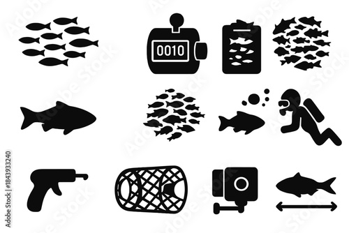 Fish Census Icons. Solid style icons of Fish census: school of fish, tally counter, recording board, shoal pattern, single