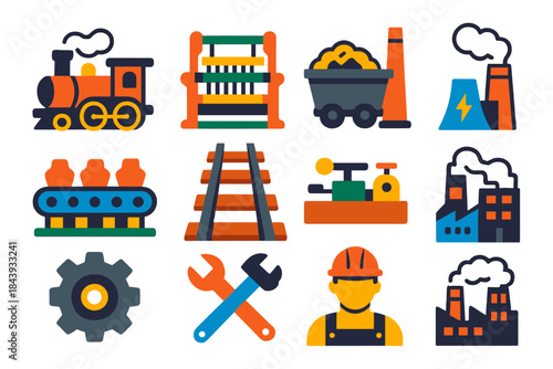 Industrial Revolution Icons. Flat vector icons of industrialization: steam engine, textile loom, coal mine cart, factory chimney,