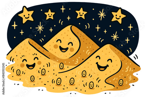 Joyful Sand Vibe. Joyful doodle nighttime booming sand scene with happy dunes, cartoon stars twinkling, smiling grains vibrating,