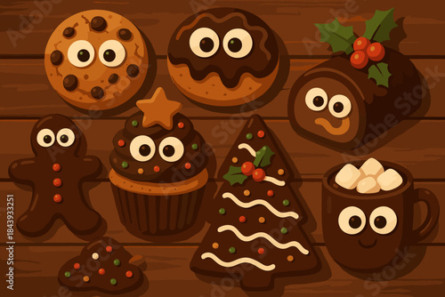Googly-Eyed Chocolate Desserts. Playful arrangement of festive vector illustration chocolate desserts decorated with googly eyes