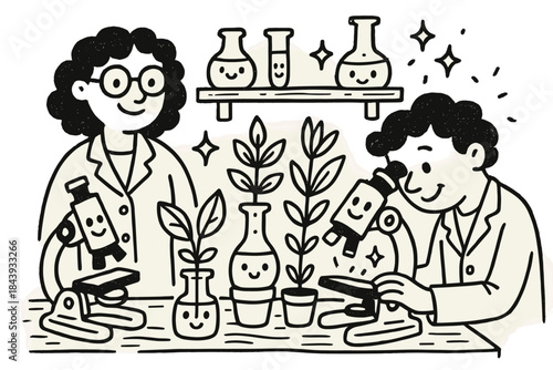 Whimsical Fusion Lab. Whimsical doodle modern-traditional fusion lab with happy scientists, smiling herbal samples, cartoon