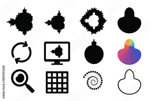 Mandelbrot Fractal Icons. Solid style icons of Mandelbrot set: fractal bulb, zoomed fractal detail, recursive border, abstract