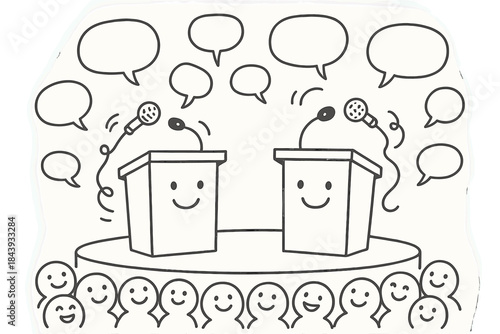 Whimsical Debate Stage. Whimsical doodle debate stage with smiling podiums, cartoon microphones waving, cheerful audience with