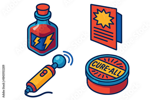Quack Medicine Icons. Isometric vector illustration set Quack Medicine Showcase: Bottled elixir with lightning label, miracle cure