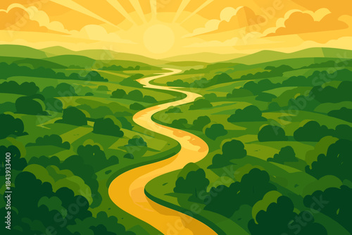 Golden Riverside Panorama. Scenic aerial view vector illustration of a winding river cutting through lush green landscapes,