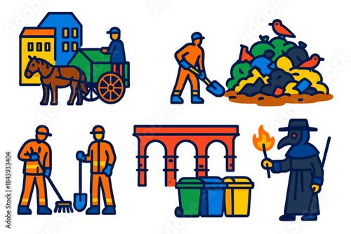 Waste Management Evolution. Isometric vector illustration set History of waste management: garbage carts in city streets, landfill