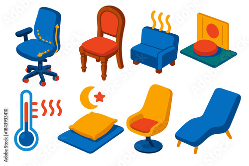 Ergonomic Seating Evolution. Isometric vector illustration set Comfort: ergonomic seating designs, historical furniture evolution,