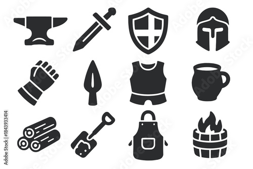 Medieval Smithy Icons. Solid style icons of Medieval Smithy: Anvil, Sword, Shield, Helmet, Gauntlet, Spearhead, Armor Plate,