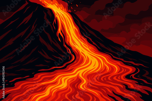 Molten Lava Cascade. Dynamic image of molten lava vector illustration cascading down a volcanic slope, vivid red and orange tones,