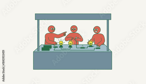 A booth featuring a simple circuit and various components like switches and light bulbs with eager participants testing their connections.