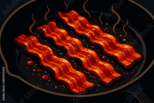 Sizzling Bacon Skillet. Bold close-up of sizzling bacon strips on a black skillet, rich golden and vector illustration red tones,