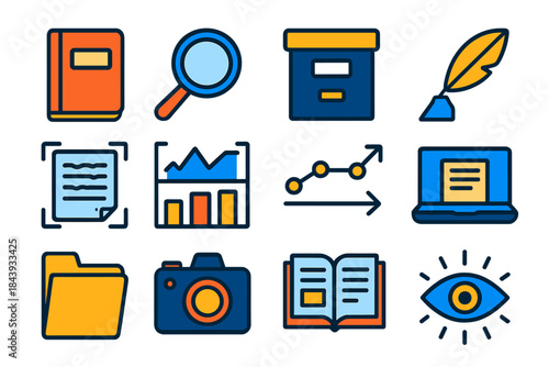 Cryptography Research Icons. Flat vector icons of archival and historical cryptography research: field notebook, magnifying glass,