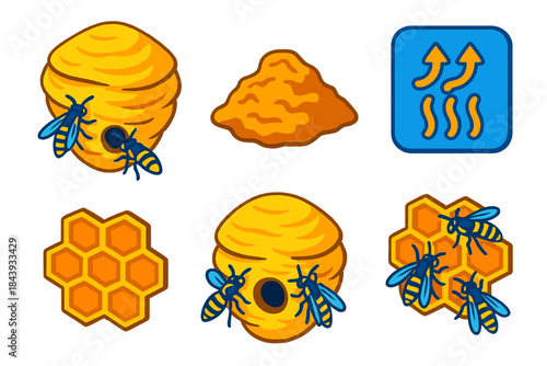 Wasp Nest Construction. Isometric vector illustration set Social wasp nest construction: papery nest layers, chewed wood pulp,