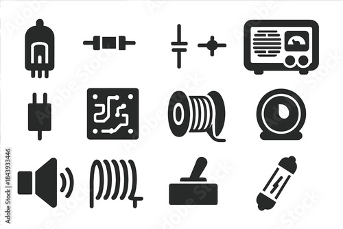 Vintage Electronics Icons. Solid style icons of Vintage Electronics: Vacuum Tube, Resistor, Schematic, Old Radio, Capacitor,