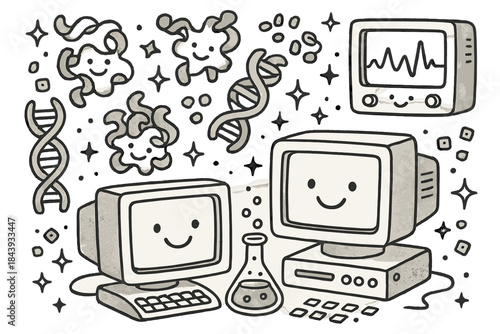 Whimsical Lab Doodles. Whimsical doodle laboratory with smiling computers, cartoon proteins twisting into happy folded shapes, DNA