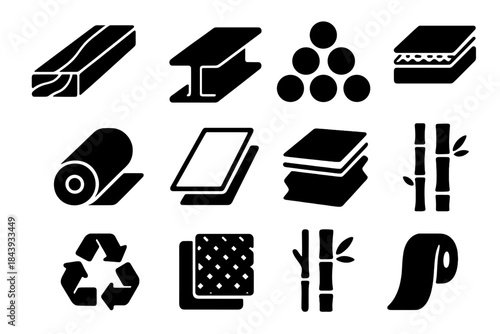 Material Selection Icons. Solid style icons of material selection: wood plank, steel beam, plastic pellet, fabric roll, glass