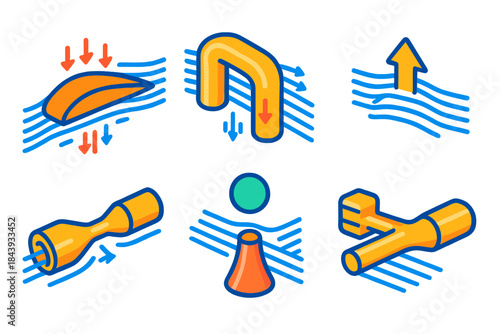 Bernoulli's Principle Illustrated. Isometric vector illustration set Bernoulli’s Principle: airfoil cross-section, pressure