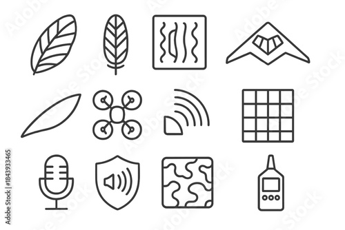 Acoustic Engineering Icons. Line style icons of Acoustic Engineering: Moth Wing, Owl Feather, Sound Dampening, Stealth Device;