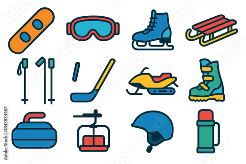 Winter Sports Icons. Flat vector icons of Winter Sports: snowboard, ski goggles, ice skates, sled, ski poles, hockey stick,