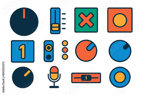 Minimalist Audio Control Icons. Flat vector icons of Mixing Console Controls: rotary knob, long-throw fader, mute switch, solo