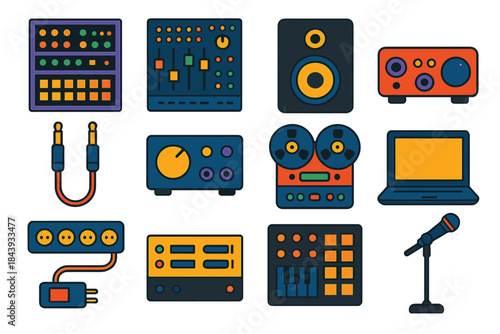 Minimalist Studio Icons. Flat vector icons of Studio Setup: synthesizer rack, mixing desk, monitor speaker, audio interface, patch
