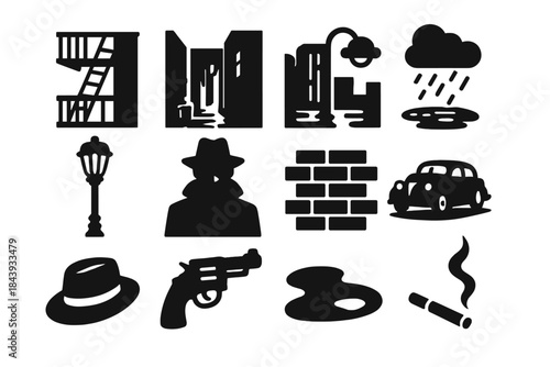 Noir City Icons. Solid style icons of Noir Cityscape: Fire Escape, Alleyway, Neon Reflection, Rain, Streetlamp, Shadowed Figure,
