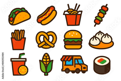 Street Food Icons. Flat vector icons of Street Food Market: taco, hot dog, noodle box, kebab skewer, churros, pretzel, burger,