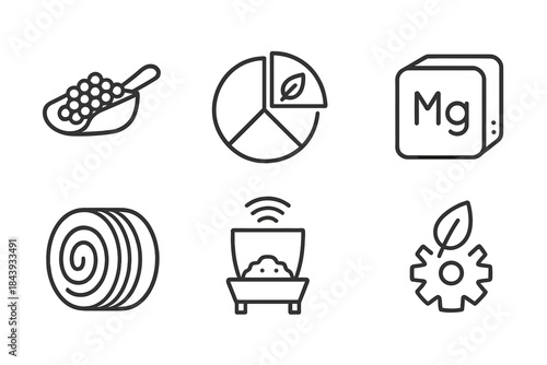 Animal Nutrition Icons. Line style icons of Animal Nutrition Management: feed ration icon, balanced nutrient pie chart, mineral