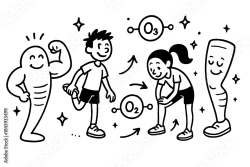 Resilient Runners and Muscles. Playful doodle recovery and adaptation illustration with happy muscles, cartoon runners stretching,