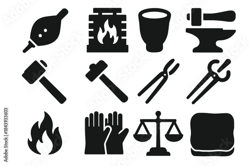 Historical Metallurgy Icons. Solid style icons of historical metallurgical tools: bellows, forge, crucible, hammer, anvil, tongs,