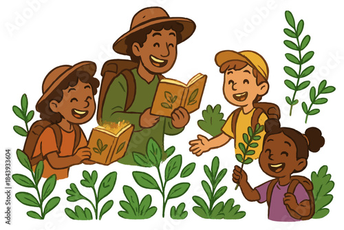 Happy Foraging Explorers. Foraging adventure with happy explorers, glowing guidebooks, and plants waving to show they are safe to