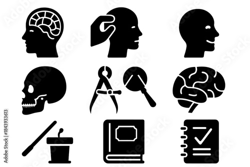 Phrenology Icon Set. Solid style icons of Phrenology: porcelain head map, bump reading, character trait, 19th century science,