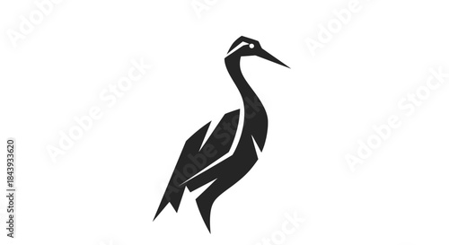 Minimalist black heron illustration against a white background for design