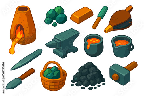 Ancient Metallurgy Icons. Isometric vector illustration set Ancient Metallurgy: clay smelting furnace, raw ore chunks, bronze