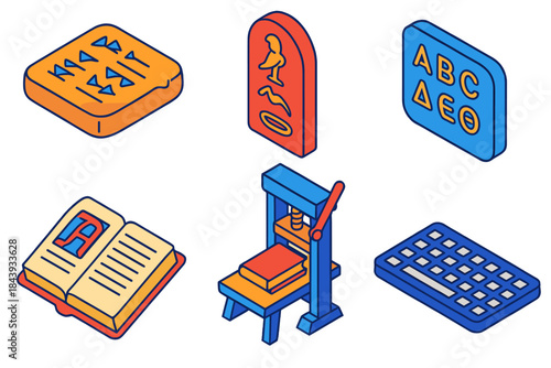 Writing Evolution Icons. Isometric vector illustration set Writing System Evolution: cuneiform tablet, Egyptian hieroglyphs, Greek