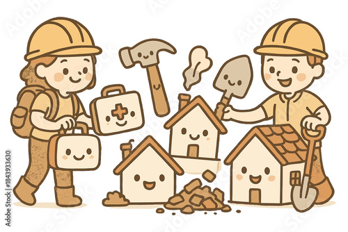 Cheerful Disaster Recovery. Cute doodle disaster recovery volunteers with smiling backpacks, cheerful first aid kits, and cartoon