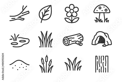 Insect Habitat Icons. Line style icons of insect habitats: tree branch, leaf, flower, mushroom; pond edge, tall grass, rotten log,