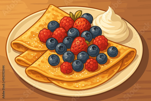 Gourmet Berry Crepes. Gourmet plate of crepes topped with fresh berries, powdered sugar, vector illustration and cream, soft warm