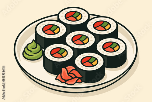 Vibrant Sushi Platter. Plate of vibrant sushi rolls garnished vector illustration with wasabi and pickled ginger, sharp and clean