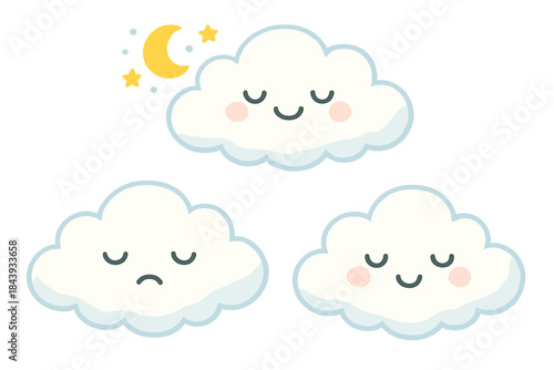 Sleep Stages Clouds. Stages of sleep illustrated as floating clouds, each with happy faces showing REM dreams, deep rest, and