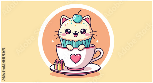 Cute cat cupcake in a teacup with gift box illustration on light yellow background