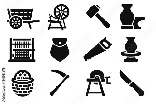 Rural Craft Icons. Solid style icons of Rural Craftsmanship: wooden cart, spinning wheel, blacksmith hammer, anvil, weaving loom,