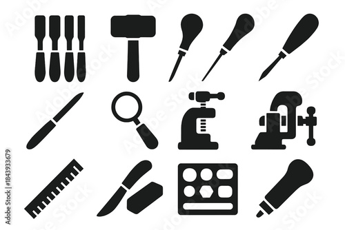 Engraving Tools Icons. Solid style icons of Engraving tools: chisel set, mallet, burnisher, graver, scribe, loupe, vise, steel