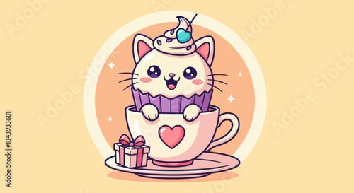 Cute cat in cupcake cup sitting in a teacup with gift box illustration